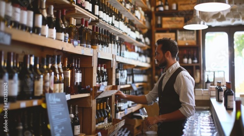 A man dressed in a vest and shirt is browsing through a selection of wine bottles on shelves in a liquor store.