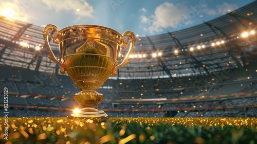golden football cup at a large football stadium photo