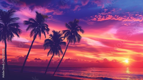 Dramatic tropical sunset with vibrant colors, silhouetted palm trees, and serene ocean waves. Perfect for travel and relaxation visuals.