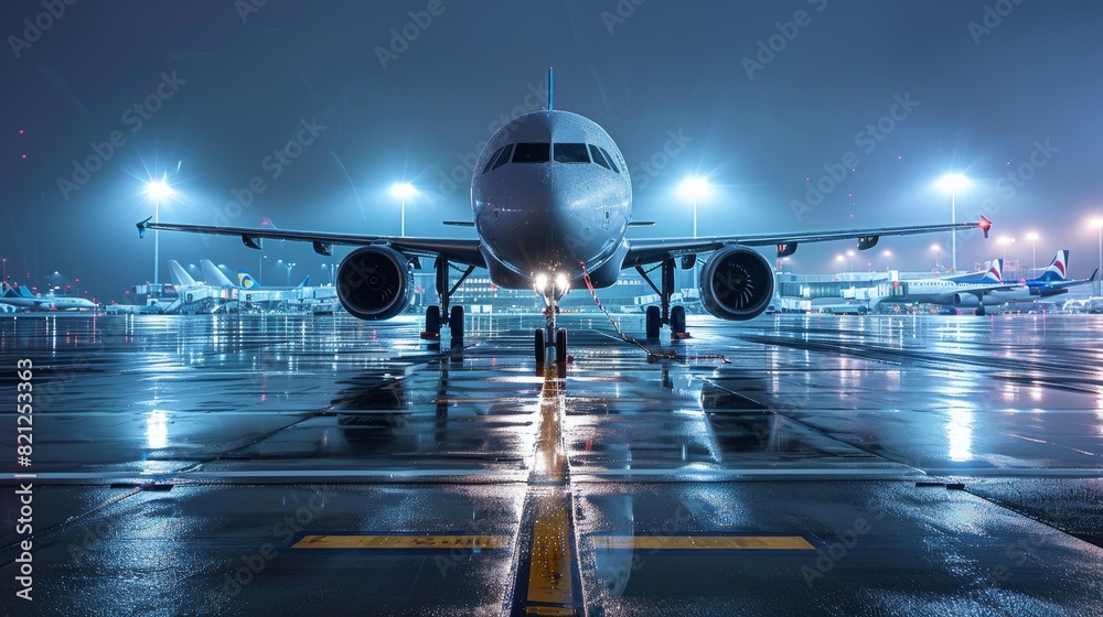 Fototapeta premium A large white airplane is sitting on the tarmac at an airport