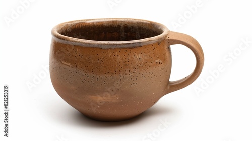 An earthy brown cup, evoking warmth against a stark white backdrop.