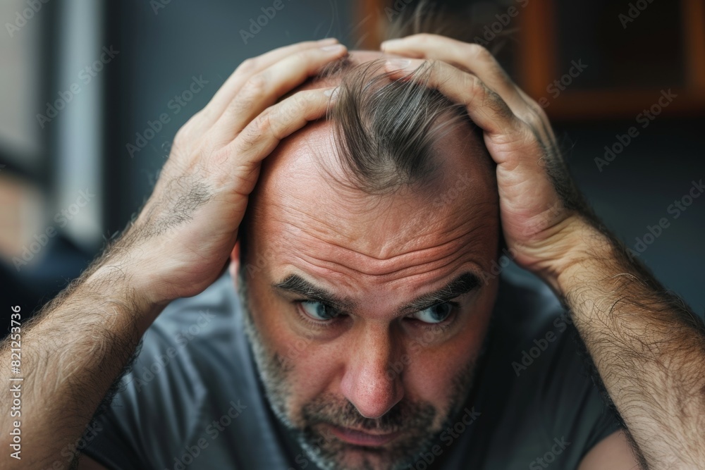 A man with a bald head is looking at the camera with a worried expression, baldness concept A man with a bald head is looking at the camera with a worried expression, baldness concept
