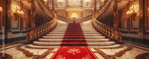 Grand palace staircase with luxurious red carpet, ornate chandeliers, and intricate marble design, exuding opulence and elegance.