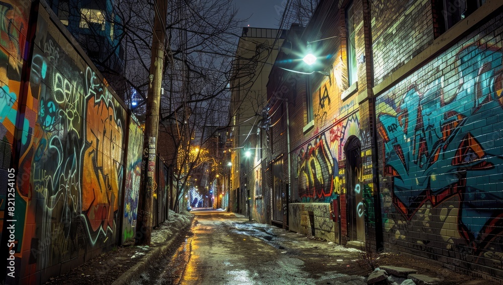 Fototapeta premium Nighttime Urban Alley with Graffiti Art