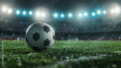 Soccer Ball in a Stadium with Lights. A classic black and white soccer ball on green grass in the center of a stadium, illuminated by spotlights © Johannes