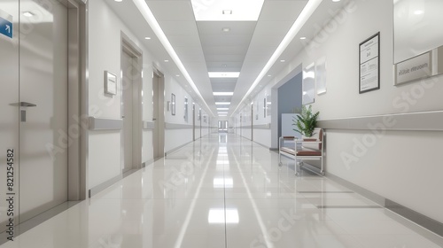 Wallpaper Mural Modern, bright hospital hallway with glossy floors, multiple doors, and clean, minimalist design. Empty corridor showcases hygiene and order. Torontodigital.ca