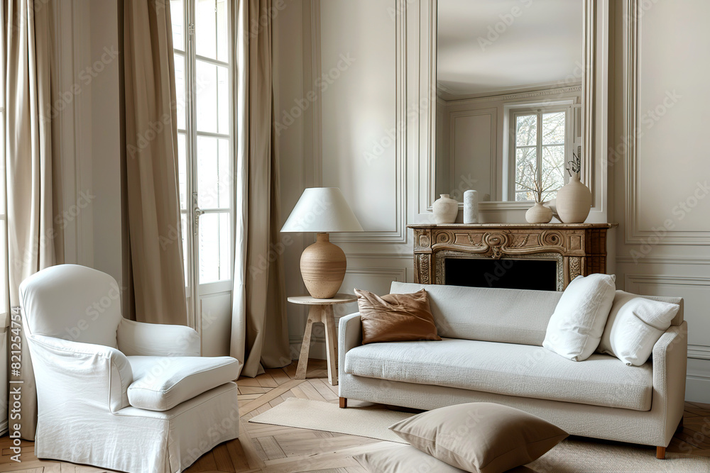 Fototapeta premium Home, contemporary minimalist living room interior with white sofa and armchair.