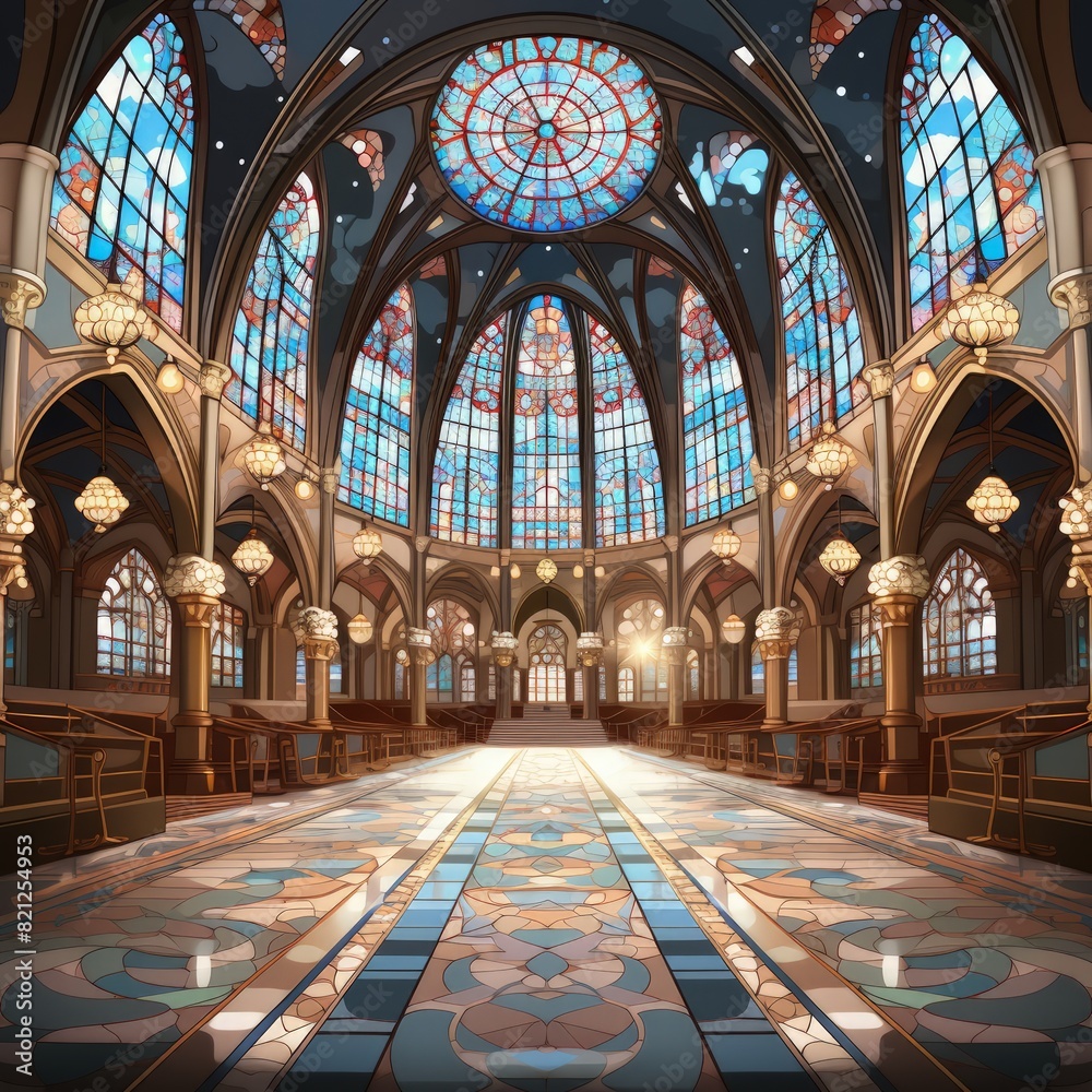 Obraz premium cathedral interior, beautiful stained glass windows, colorful lights from stained glass windows, athmotheric