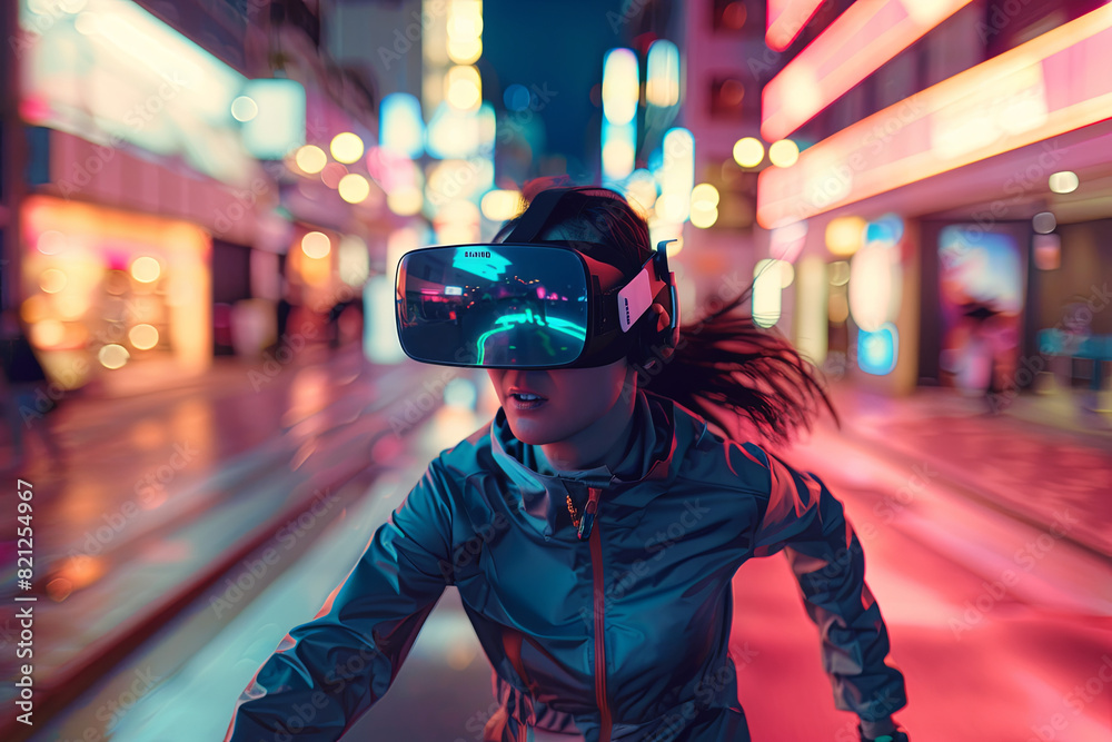 Woman wearing virtual reality goggles, running through a city street, immersed in a captivating VR experience Woman wearing virtual reality goggles, running through a city street, immersed in a captivating VR experience