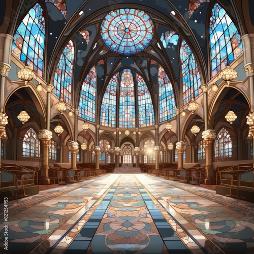 cathedral interior, beautiful stained glass windows, colorful lights from stained glass windows, athmotheric © Nastassia