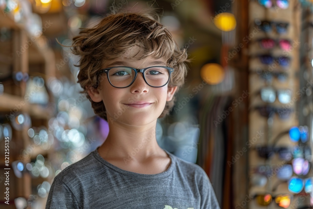A young boy wearing glasses is smiling for the camera, medical selection of glasses in optics A young boy wearing glasses is smiling for the camera, medical selection of glasses in optics