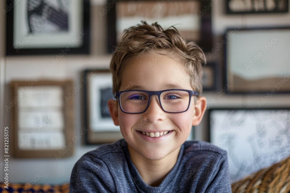 A young boy wearing glasses is smiling and looking at the camera, medical selection of glasses in optics A young boy wearing glasses is smiling and looking at the camera, medical selection of glasses in optics