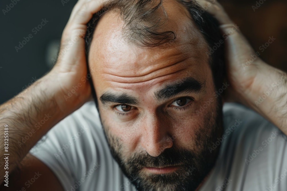 A man with a bald head is looking at the camera with a serious expression, baldness concept A man with a bald head is looking at the camera with a serious expression, baldness concept