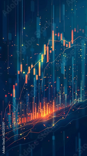 A digital illustration of stock market analysis with candlesticks and trend lines in an abstract style