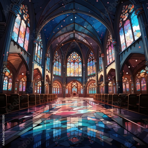 cathedral interior, beautiful stained glass windows, colorful lights from stained glass windows, athmotheric