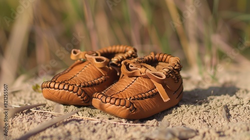 Tiny brown baby moccasins with intricate stitching, adding a touch of charm to any outfit.