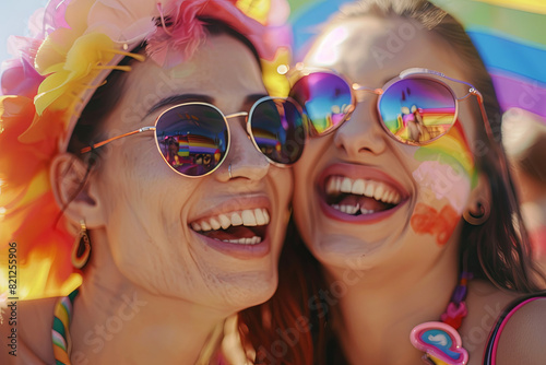 Laughing and happy attractive young lesbian women enjoying themselves at a vibrant pride festival  radiating joy and love