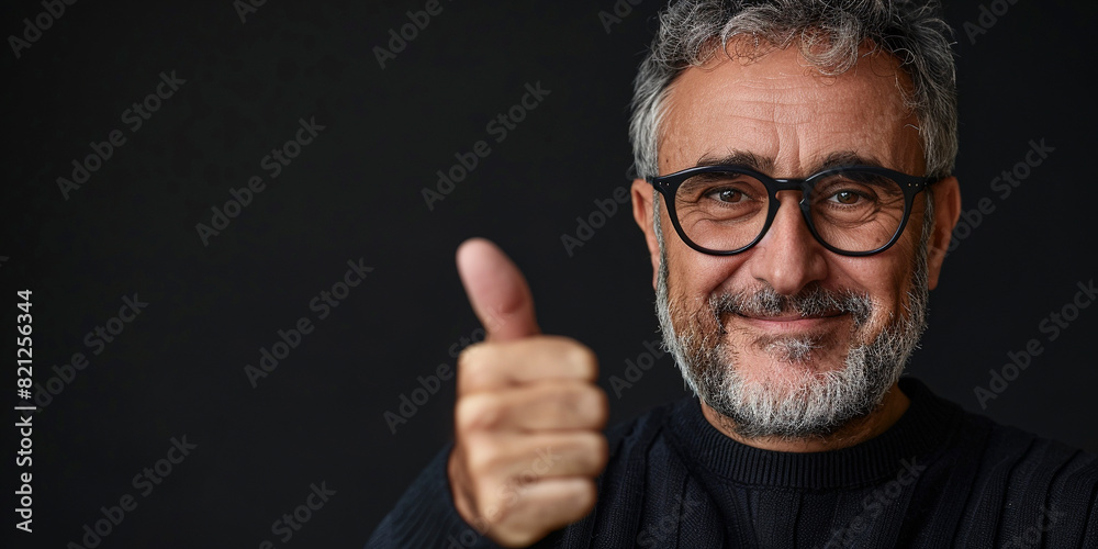 Middle-aged man giving thumbs up, happy expression, cheerful, black background Middle-aged man giving thumbs up, happy expression, cheerful, black background