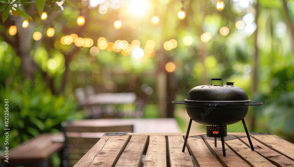 Photo of A grill on an outdoor wooden table with blurred background of backyard dining area and trees, summer barbecue party concept