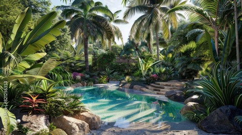 Lush vegetation surrounding the pool area  such as palm trees  tropical plants or colorful flowers. generative ai