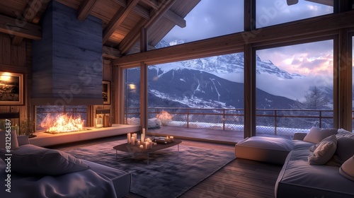 Luxurious Mountain Lodge Living Room at Sunset 