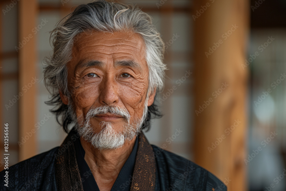 Asian old man with white beard in black robe in traditional Japanese interior, portrait for ads Asian old man with white beard in black robe in traditional Japanese interior, portrait for ads