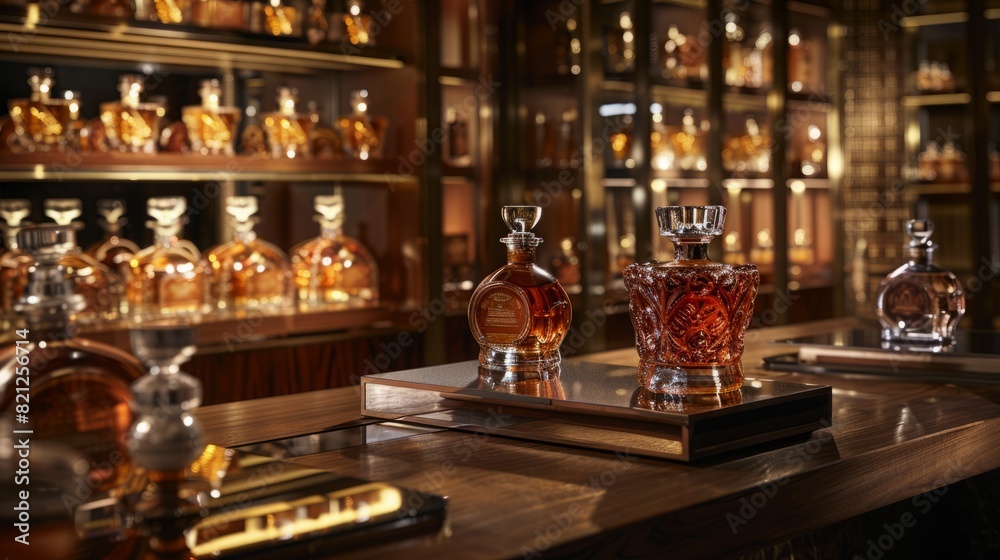 Bottles of various alcohol lined up neatly on a shelf in a dimly lit bar.