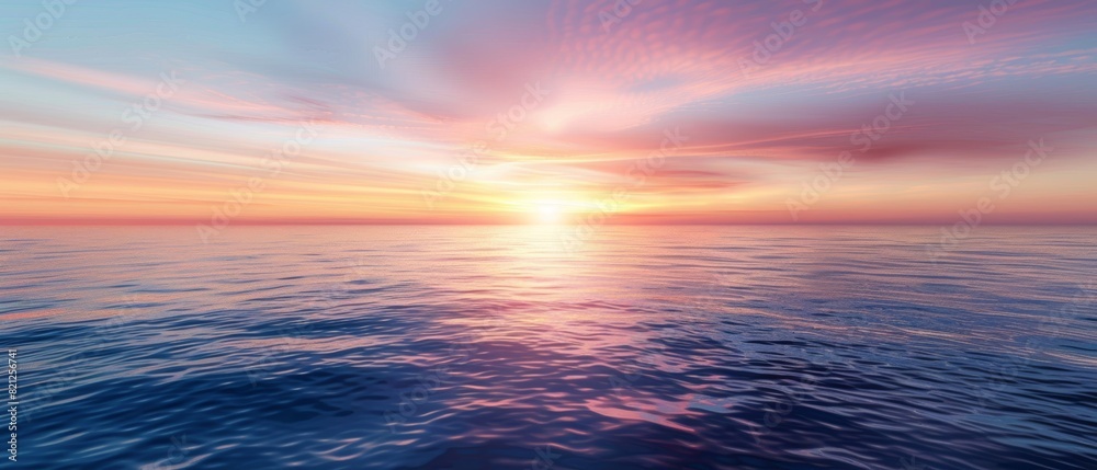Expansive horizon over a calm ocean at sunset, with vibrant colors reflecting on the water, creating a peaceful scene, isolated on a white background Expansive horizon over a calm ocean at sunset, with vibrant colors reflecting on the water, creating a peaceful scene, isolated on a white background