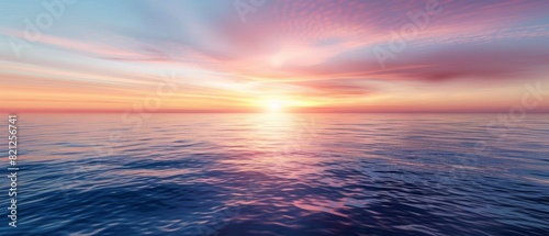 Expansive horizon over a calm ocean at sunset, with vibrant colors reflecting on the water, creating a peaceful scene, isolated on a white background