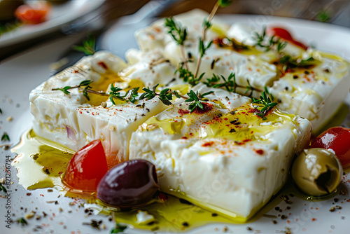 Greek feta cheese served with aromatic thyme and olives, embodying the rich flavors of Mediterranean cuisine