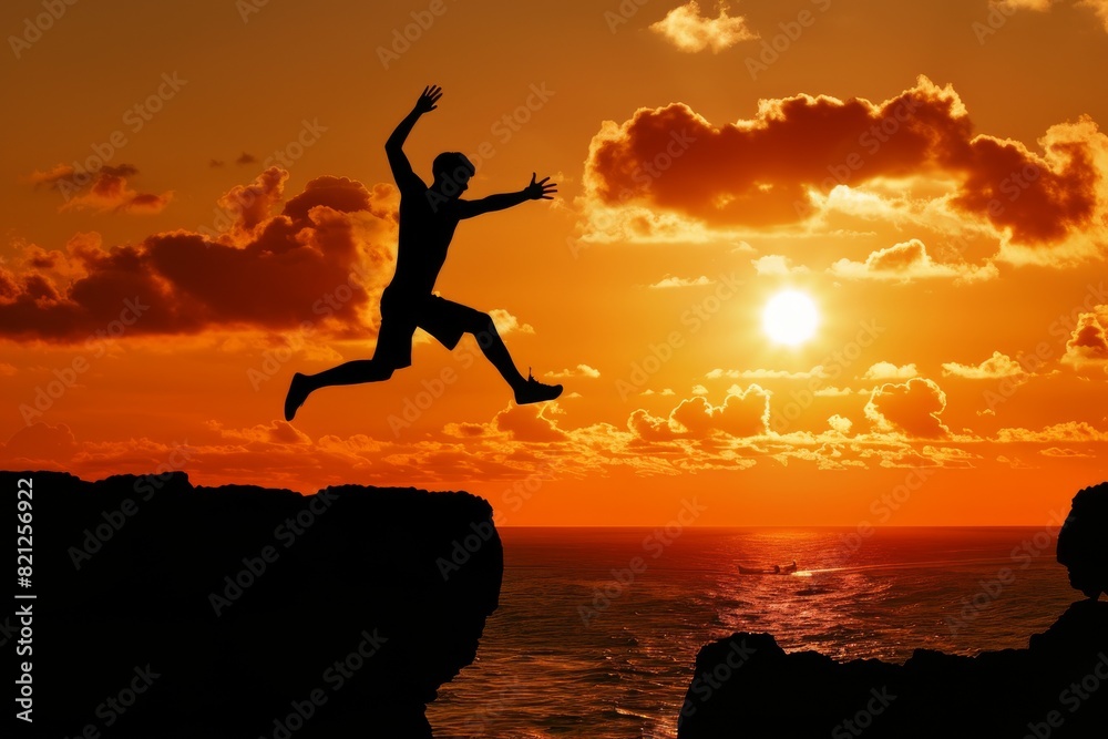 Silhouette of a man jumping between rocks near the sea with an intense orange sunset