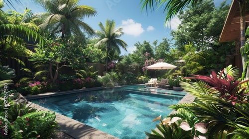 Lush vegetation surrounding the pool area  such as palm trees  tropical plants or colorful flowers. generative ai