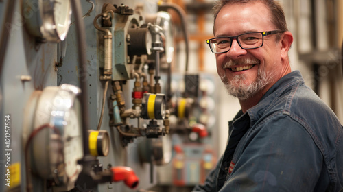 Smiling man with glasses in an industrial setting, standing beside machinery with gauges and control panel.