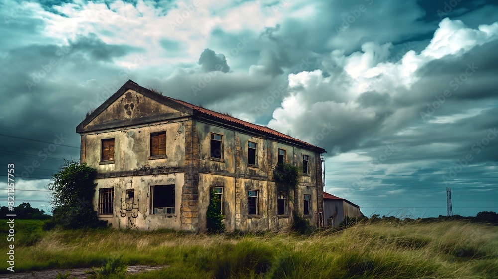 Fototapeta premium Derelict Building in Remote Countryside, Ruined Structure with Expansive Cloudy Sky