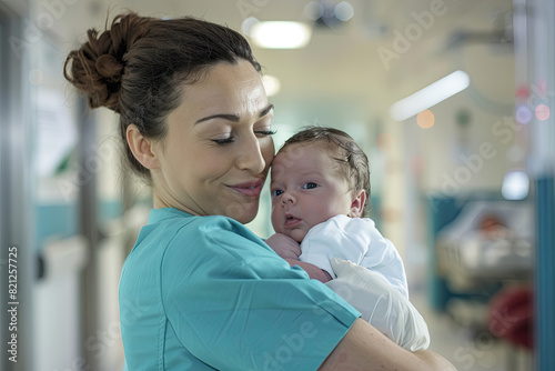 Nurse cradling a newborn baby with genuine emotions of nurture and care, capturing a tender healthcare moment in a modern hospital photo