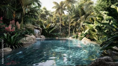 Lush vegetation surrounding the pool area  such as palm trees  tropical plants or colorful flowers. generative ai