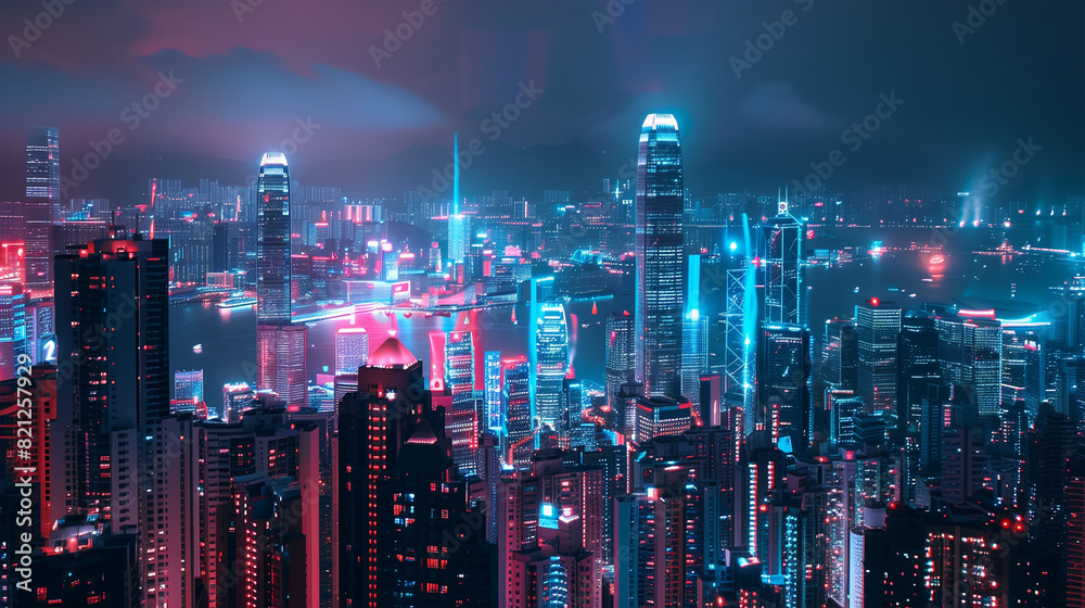 Futuristic cityscape at night, illuminated by neon lights, showcasing advanced urban development and smart city technology