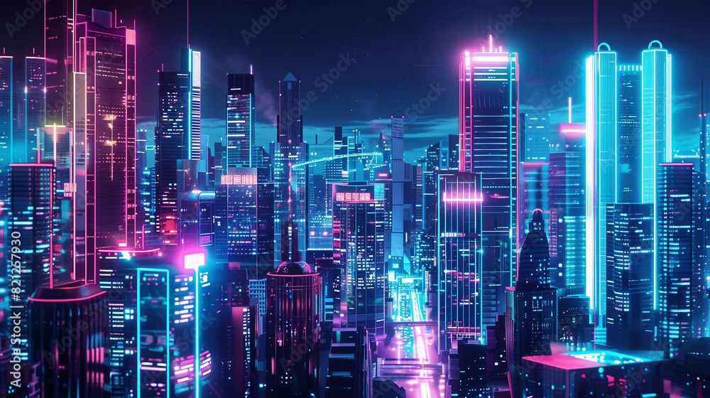 Futuristic cityscape at night, illuminated by neon lights, showcasing advanced urban development and smart city technology