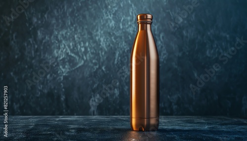 Blank copper water bottle, isolated on a dark background, highresolution, ready for custom branding or artwork. photo