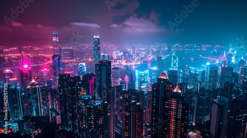 Futuristic cityscape at night  illuminated by neon lights  showcasing advanced urban development and smart city technology