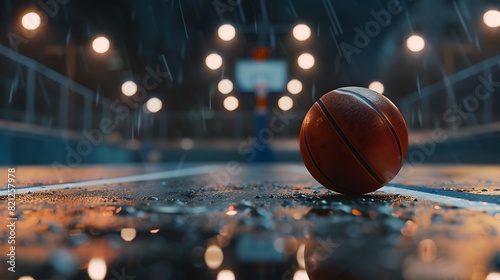A close-up of a basketball resting on the edge of a court with reflections of overhead lights. photo