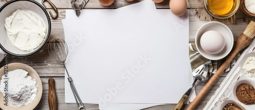 White paper on wooden table with flour, eggs and other baking ingredients around it. photo