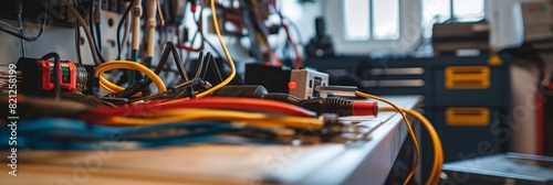 A workbench with an assortment of tools, cables, and electronic equipment in the foreground