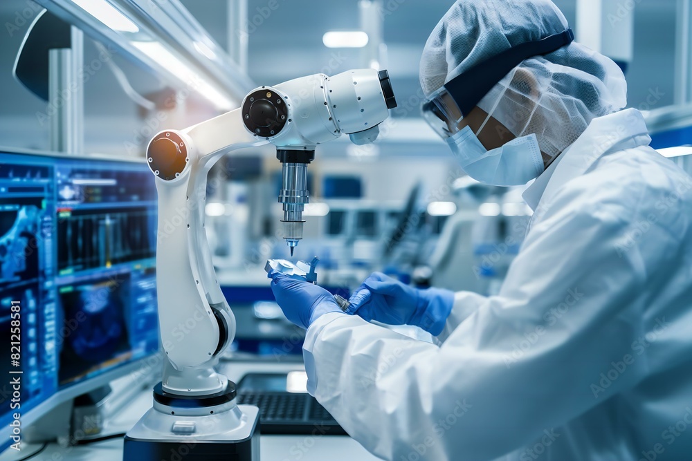 A scientist is working with a robot in a lab. The robot is holding a small object in its hand. The scientist is wearing a lab coat and gloves. The lab is equipped with a computer and a monitor A scientist is working with a robot in a lab. The robot is holding a small object in its hand. The scientist is wearing a lab coat and gloves. The lab is equipped with a computer and a monitor