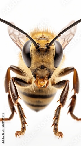 Honey bee with detailed antennae, focus on head, close up, ethereal, Overlay, Isolated on white background photo