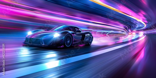 Neonlit highway with fast sports cars colorful lights and blurred tracks. Concept Neon Lights, Fast Cars, Colorful Highways, Urban Photography, Motion Blur