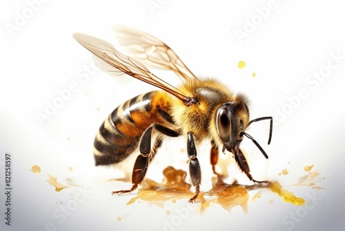 Honey bee with golden fur, focus on body, close up, whimsical, Fusion, Isolated on white background © JP STUDIO LAB