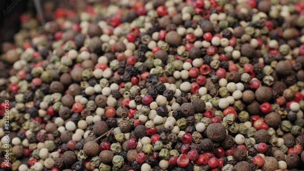 Mix spices dried pink, black pepper, green dill, red paprika, yellow turmeric, garlic, salt close-up macro. A bunch of natural spice for food .Seasonings and condiments concept Mix spices dried pink, black pepper, green dill, red paprika, yellow turmeric, garlic, salt close-up macro. A bunch of natural spice for food .Seasonings and condiments concept