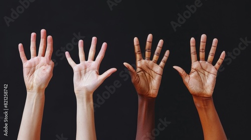 The image shows four hands of different skin tones raised in the air against a black background.