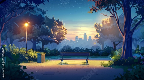 Fototapeta Naklejka Na Ścianę i Meble -  Vacant public park for walking and recreation with green trees, litter bins, and street lamps, a bench in the night park, a summer sunrise and city view in the background. Urban garden cartoon modern